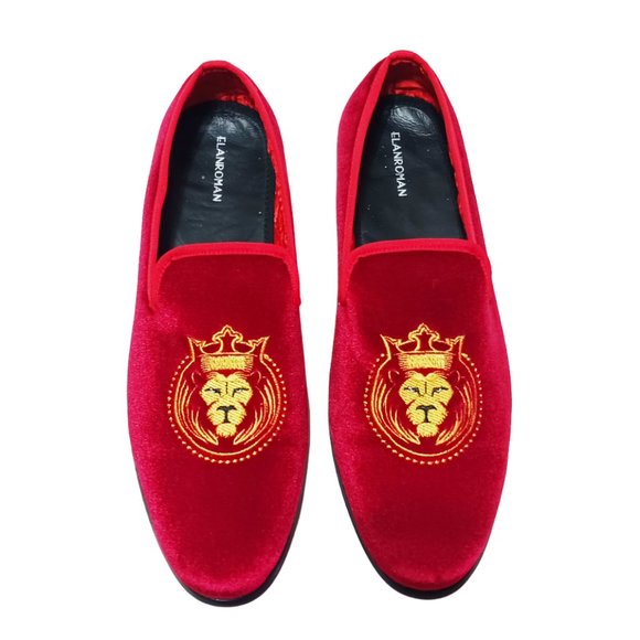 ELANROMAN Men RED Velvet Loafers Embroidered 1.0 and party shoes Size - Picture 4 of 9